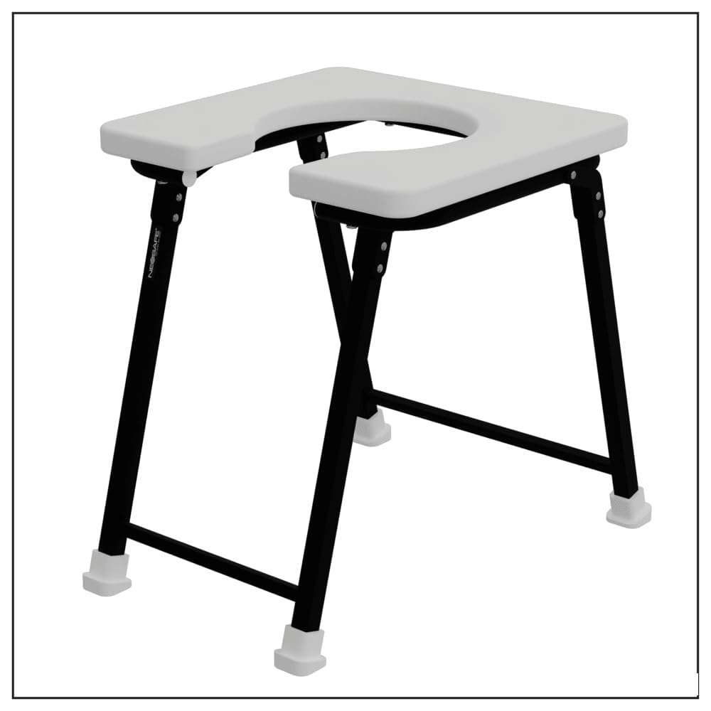 NEOSAFE Premium Folding Powder Coated Metal Steel Shower Bathing Room Mobile Commode Stool Indian Toilet Seat For Elderly Disabled Man and Pregnant Women Support Safe Chair Anti-Slip (Black & White) (B0CJ71RKNS) Amazon Price History, Amazon Price Tracker