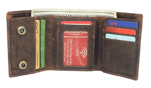 MARSHAL Men’s Genuine Leather Skull Wallet – Trifold RFID Blocking Biker Wallet with ID Window & Snap Closure (Brown No Chain)2