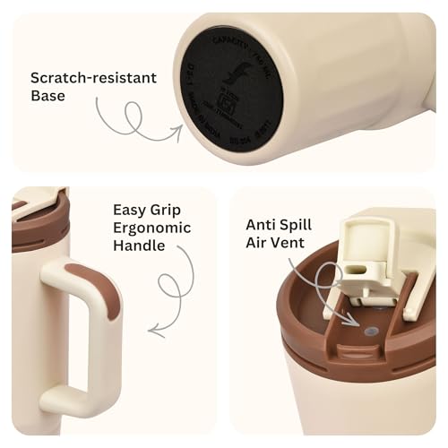 Image of FLAIR Vogue Vacuum Insulated Stainless Steel 750 ml Tumbler with Handle | 2-in-1 Lid with Flip Straw & Sip Spout -Beige | Hot & Cold Beverage Mug | Leak Resistant