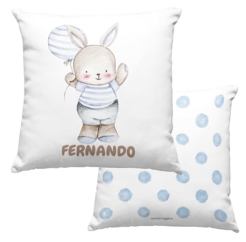 Cojín personalizado, cojín con nombre, guardería, cojín infantil, decoración infantil, cumpleaños, niños, bebé, almohada, vuelta al cole, amigos, regalo original, nacimiento. (CONEJITO)