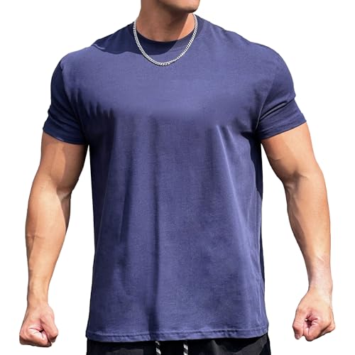 Men Loose Casual Cotton Fitness Shirts Basketball Training Elastic Sports Tee Top Summer Round Neck Jogging T-Shirt (Dark Blue,Large)