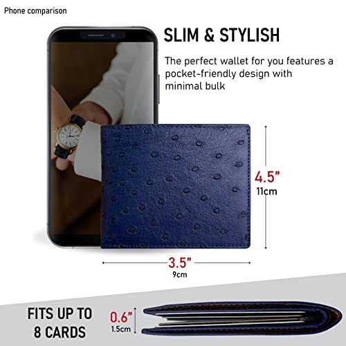 Image of HATA Navy Blue Ostrich Leather Bifold Wallet for Men, Double-Sided Ostrich Billfold with RFID Blocking, Handmade Leather Wallet Gift for Birthday, Anniversary, Father's Day VINAMOS-04