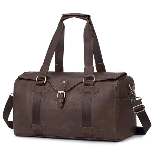 KSIBNW Travel Duffle Bag for Women and Men, 32L Leather Carry on Large Waterproof Overnight Weekender Lightweight Duffle Shoulder Bag for Sports Gym Business Hospital Trips, Brown