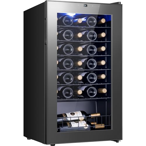 Image of Yeego Wine Fridge, 34 Bottles Wine Cooler Refrigerator, 38-65℉ Freestanding Mini Fridge with Digital Temperature Control & Double-layer Glass Door & Blue Ambient Lights for Home, Kitchen, Office, Dorm