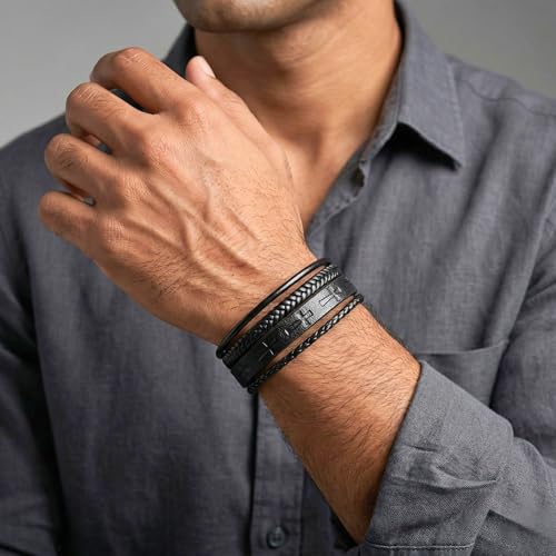 Image of THE MEN THING Leather Bracelet for Men - American Style Genuine Leather Multi-Layer Braided Bracelet with 100% Stainless Steel Magnetic Buckle for Men & Boys (8 inch)