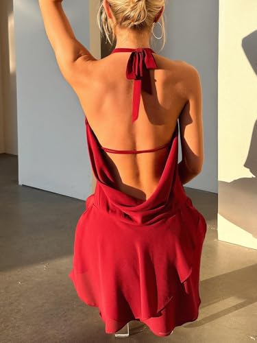 Image of Women Halter V Neck Mini Dress Sexy Sleeveless Backless Slim Fit Party Club Short Dress Y2K Beach Sundress