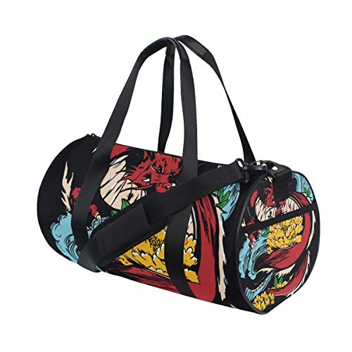 ZOMOY Bolsa de Deporte，Tradición, dragón asiático, Flor, ilustración, t，Nuevo Cilindro de impresión Bolsas de Ejercicios Bolsa de Viaje Equipaje Bolsa de Lona