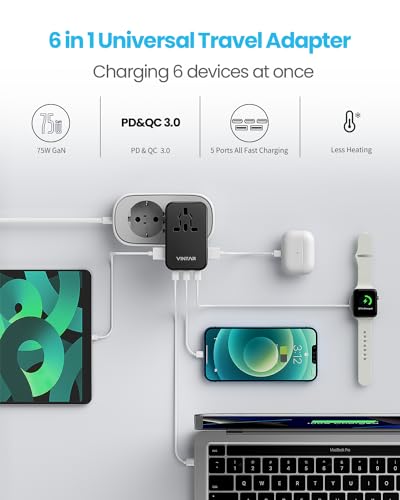 Image of Universal Travel Adapter, VINTAR 75W GaN International Power Adapter with 3 USB C PD and 2 USB A QC, All in One Travel Essentials for UK /EU /USA /AUS, Travel Adapter Worldwide for Laptops Phones, Black