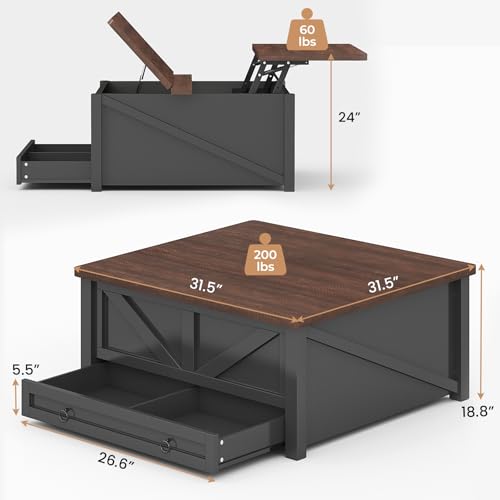 Itaar Wooden Coffee Table, Lift Top Coffee Table with Storage, Square Coffee Tables with Drawers and Hidden Compartment, Center Table for Living Room, Home Office, Black - Thumbnail 2