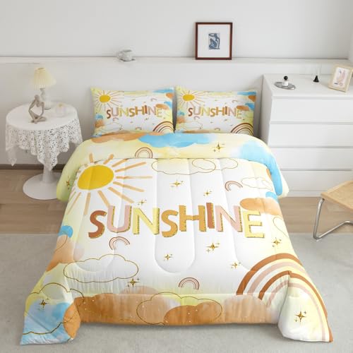 Manfei Rainbow Sky Comforter Sets Toddler Size,Boys Girls Glitter Starry Sky Bedding Sets,Cartoon Sun Cloud Quilted Duvet for Kids Teens Woman,Sunshine Sky Tie Dye Duvet Insert,1 Pillowcase
