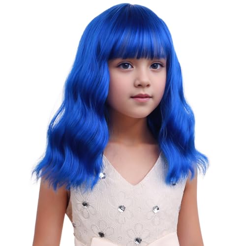 Image of Dark Blue Wig Royal Blue Wig with Bangs Short Wavy Curly Wigs Synthetic Cosplay Hair Wigs