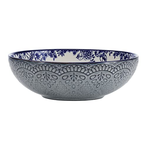 Pfaltzgraff Gabriela Blue Pasta Bowls Set of 2, 8 Inch Stoneware Soup Bowls with Floral Pattern, 32 oz Wide Bowls for Pasta, Salad, Ramen, Cereal, White and Blue