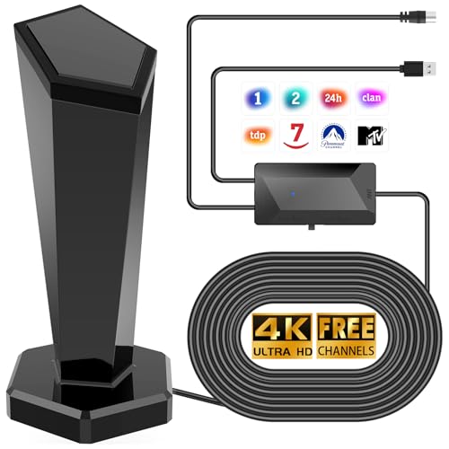 Antena TV Interior Potente 2026, Recepción Largo Alcance 460KM 360° con Amplificador y Base Magnética, TDT/DVB-T2 Señal Estable para Canales Gratuitos 4K/Full HD, Fácil Instalación