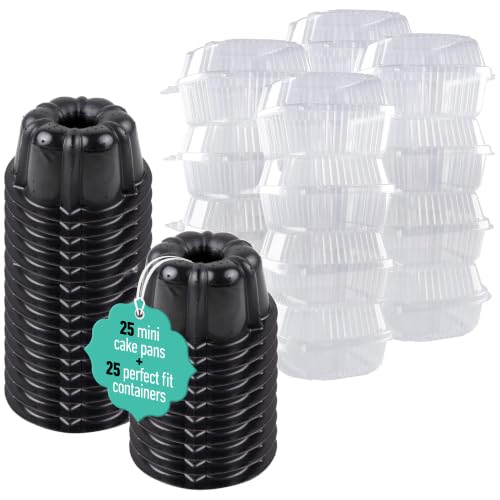 OCreme Bakeable Plastic Mini Cake Pan with Container - Baking Pan With Non-Stick Silicone - Reusable Mold For Baking and Much More - and Clear Snap-Closure Container - 25 Cake Pans + 25 Containers
