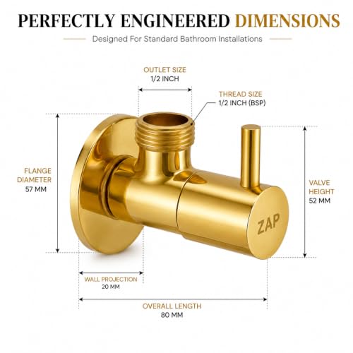 Image of ZAP Bathroom Angle Valve Pack of 6 | 100% Brass Angle Cock with Wall Flange | Gold Finish Stop Valve for Basin Tap, Geyser, Health Faucet & Jet Spray | Rust & Corrosion Resistant