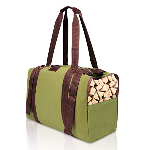 RIVECO Firewood Carrier Canvas Log Tote Bag Fireplace Holders Indoor Woodpile Rack Fire Wood Carrying Outdoor Tubular Birch-Wood Tools Campfire Basket Green