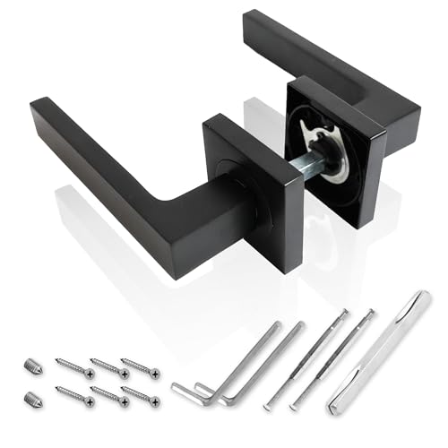 AZERODESIGN - Juego de Manivela- Manetas Puertas Interior Casa-Manillas Puertas Interior- Color Negro Mate- Roseta Cuadrada...