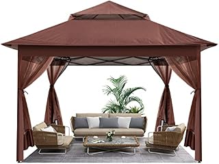 Ej.Victor Metal Gazebo, Pop Up Gazebo with Sides 3m x 3m, Canopy Outdoor, Marquee Garden Gazebo Metal Pergola for Event Shelter,Camping,Party Tent(brown)