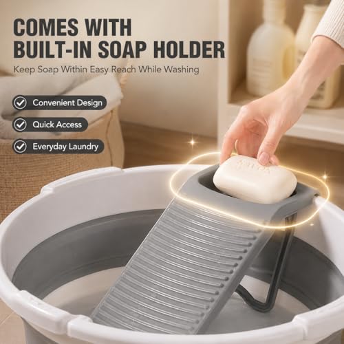 Washboard Basin for Hand Washing Clothes, 8 Gallon Collapsible Laundry Tub with Detachable Washboard, Dual Drain Design, Foldable Utility Wash Basin for Apartment, RV, Camping, Travel & Small Spaces by VEMJO - Image 5