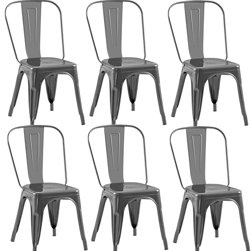 Image of Metal Dining Chairs with Backrest, Stackable, Grey, 6 Pack | Easy Assembly, Non-Slip Feet, 330 lb Capacity, Kitchen, Restaurant, Cafe, Pub, Covered Patio