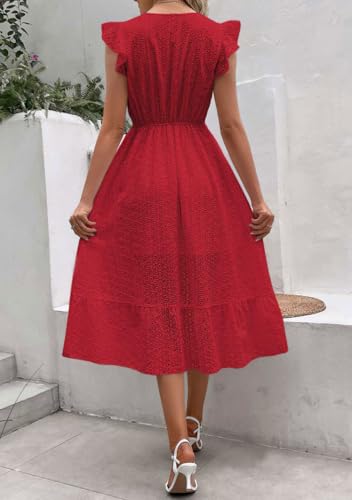 Image of chouyatou Women's Summer Flutter Sleeve Embroidery Eyelet Lace Dress V-Neck A-Line Beach Sun Dress