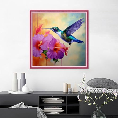 Image of Joyhoor Cross Stitch Kits for Beginners Stamped Cross-Stitch Supplies Needlework preprint Embroidery Kits for Adults DIY Needlepoint Kits Embroidery Patterns 11CT-Hummingbird Flowers 18.x18 inch