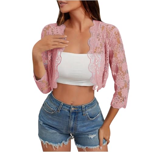 Women's Sheer Floral Lace Shrugs Elegant Dressy 3/4 Sleeve Bolero See Through Open Front Cropped Cardigan for Dress