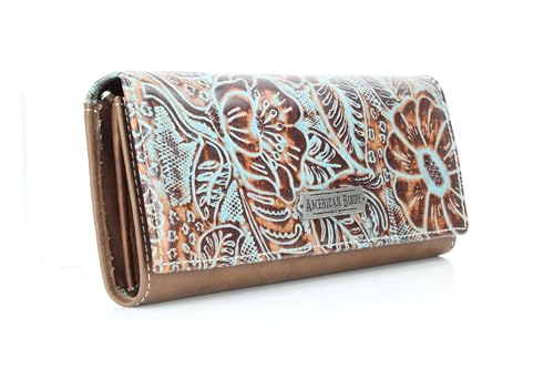 American Bison Women’s Wallet – Floral Print Flap with Logo Concho or Engraved Metal Plate, Zip Pocket & Organizer (Engraved Metal Plate)2