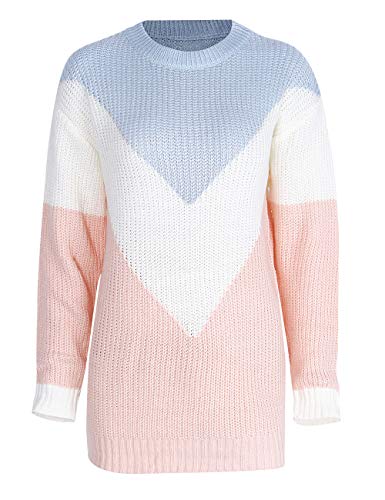 shermie Womens Sweaters Colorblock Stripe Pullover Long Sleeve Crewneck Knitted Sweaters (Grey/Off-White/Pink) Small