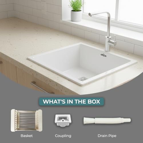 Image of ARQUIN Quartz Sink 18x16x9 Inch White | Single Bowl Sink | Durable & Scratch-Resistant | Undermount /Topmount Including Coupling, Waste Pipe & Fruit Washing Basket
