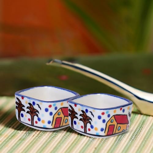 Image of Freakway Hand Painted White Ceramic Dip Bowls Set of 2, 40Ml for Serving Chutney /Pickle (HUT Multi)