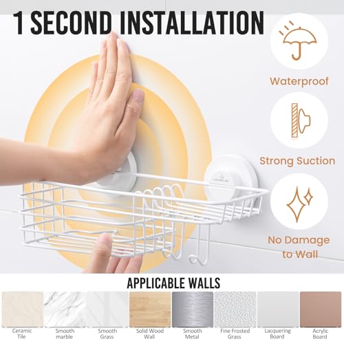 Image of LEVERLOC Shower Caddy Suction Cup, Heavy Duty Bathroom Organizer | Shower Organizer for Inside Shower with Hooks & Soap holder, NO-Drilling Bathroom shelves-White