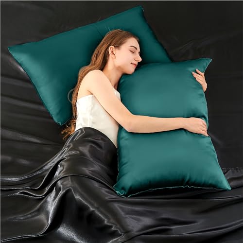 Image of INFIIXSO Silk Pillow Cases 2 Pack Standard Size, Ultra Smooth & Soft Mulberry Silk Pillow Case for Hair and Skin, Breathable Cooling Silk Pillowcase with Hidden Zipper (Teal, 20x26 Inches)