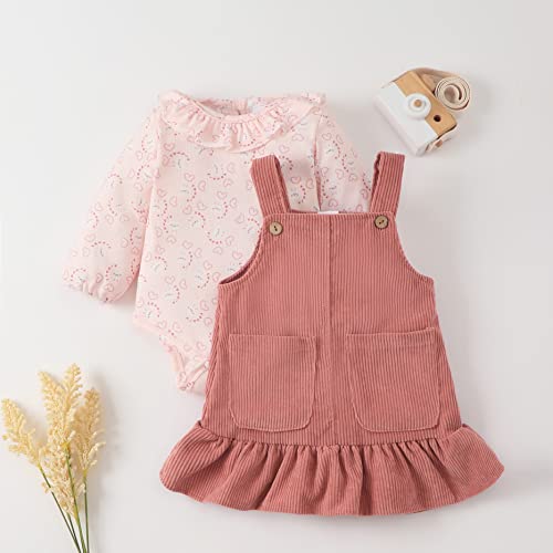 Yentake Newborn Baby Girl Dresses Clothes Long Sleeve Ruffle Romper Infant Suspender Skirt Set Baby Overall Fall Outfits (Pink, 0-3M) #TOP1
