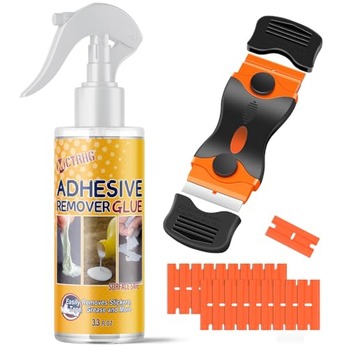Adhesive Remover, 3.3 fl.oz Sticker Remover Spray for Labels, Glue Remover with Scraper & 19 Extra Plastic Razor Blades, Rapidly Removes Labels, Sticker, Glue, Residue