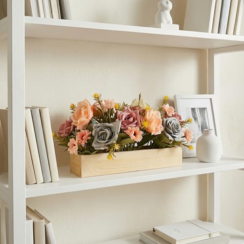 Image of Dekorly Artificial Rose Flower Arrangement with Wooden Planter (24 CM) | Premium Realistic Floral Decor for Table & Living Room | Stylish Indoor Decor for Living Room
