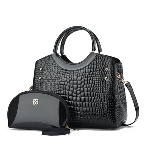 CORIOS Damen PU Leder Handtasche Krokodil-Muster Schultertaschen Wasserdicht Umhängetaschen Große Kapazität Tragetasche Henkeltaschen Retro Tote Beutel Elegant Messenger-Tasche 2pcs Schwarz