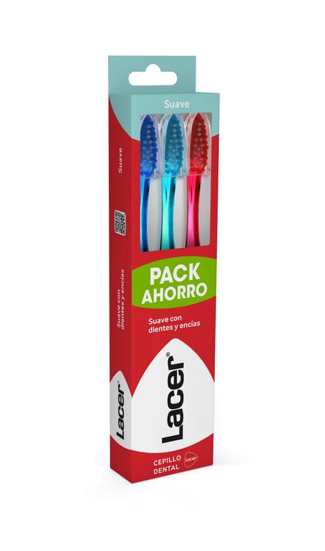 LACER - Pack de 3 Cepillos de Dientes Suaves, Ideal para Encías Delicadas, Cerdas Suaves, Filamentos Tynex, Máxima Eficacia, Elimina la Placa Bacteriana y la Higiene Bucal Diaria