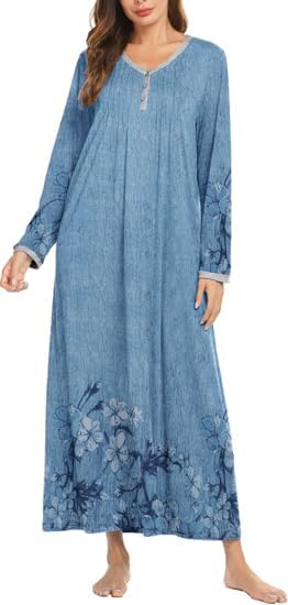 Ekouaer Women's Long Sleeve Nightgown Full Length Sleepwear Long Sleepshirts Henley Sleep Dress S-4XL