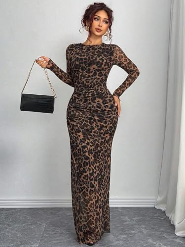 Image of Womens Long Sleeve Maxi Dress Mesh Bodycon Spring Fall Formal Wedding Guest | Tie Dye Ruched Night Out Cocktail Party Long Dresses