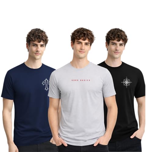 Image of ADRO Mens Printed Cotton T-Shirts Pack of 3 | Regular Fit Graphic Tshirt | Breathable Modern Stylish Casual T Shirt for Travel Gym Daily Lifestyle