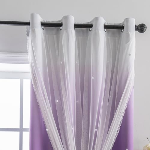 Image of indistar Colourful Stripe Star Cut-Out Blackout Curtains for Bedroom,2 Layers Mix Design of Fabric & Tulle,Pretty Window Curtain for Kids Room 1 Panel (W52 x L95 Dark Purple)