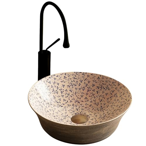 Lavabo Sobre Encimera de Cerámica con Diseño Floral Azul, Lavamanos Elegante Cocido a Alta Temperatura, para Tocador de Baño(Black)