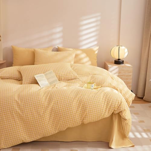 Image of EAVD Yellow Gingham Duvet Cover Twin Size Washed Cotton Bedding Set 3 Pieces Grid Plaid Duvet Cover Set Modern Grid Checkered Bedding Set with 2 Pillowcases Farmhouse Gingham Comforter Cover