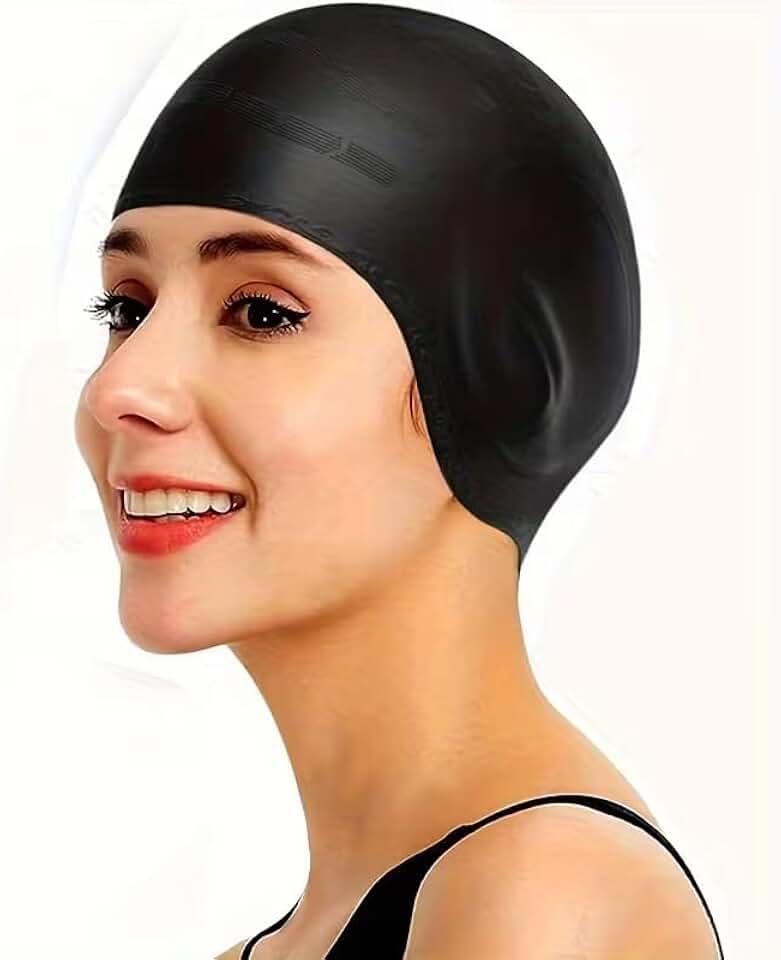 1 touca de natação impermeável com aba de orelha, touca de mergulho de silicone extragrande para adultos, ajuste elástico e confortável, adequada para mulheres com cabelo comprido - preta