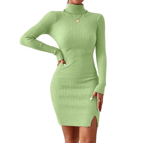 Image of GLARE & BLAIR Solid Turtle Neck Regular Fit Casual Ribbed Knit Long Sleeve Bodycon Dress for Women