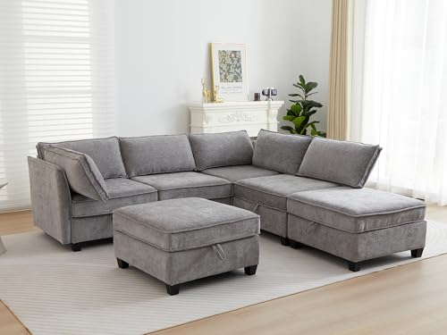 Image of ORRD Corner Modular Sectional Sofa Set, Convertible L Shaped Couch with Storage, 6 Seater Sofa Modular with Ottomans and Reversible Chaise for Living Room, Office (Grey)
