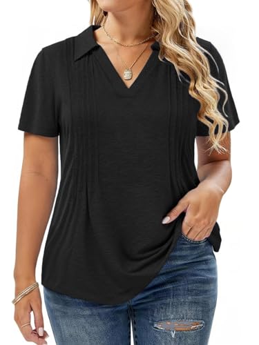 Plus-Size-Summer-Tops for Women Casual Collared V Neck Polo Shirts Business Pleated Tunics Trendy Short Sleeve Blouses