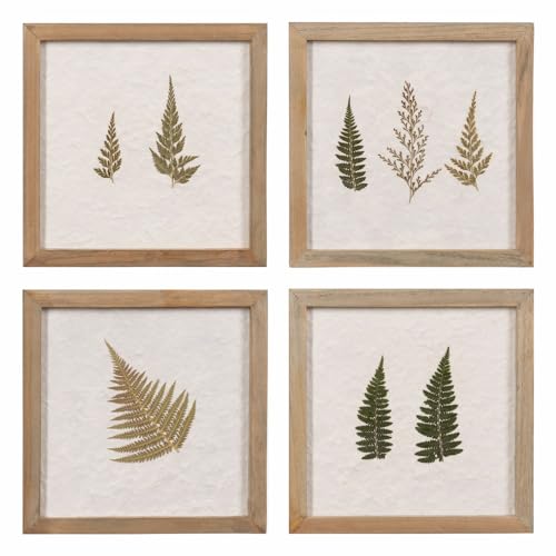 LOLAhome Set de 4 Cuadros lámina de Hojas enmarcados con Madera de Abeto Natural de 20x20 cm