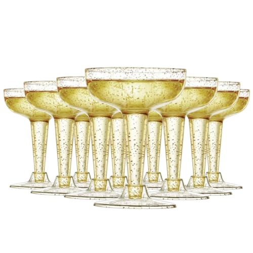 10 Pcs Clear Champagne Flutes Misket Glass Champagne Saucers Vintage Glass Plastic Glitter Stemmed Party Wine Cups Cocktail Cup Espresso Martini Prosecco Wine Gin Coupe Glasses Gift Set 120ml